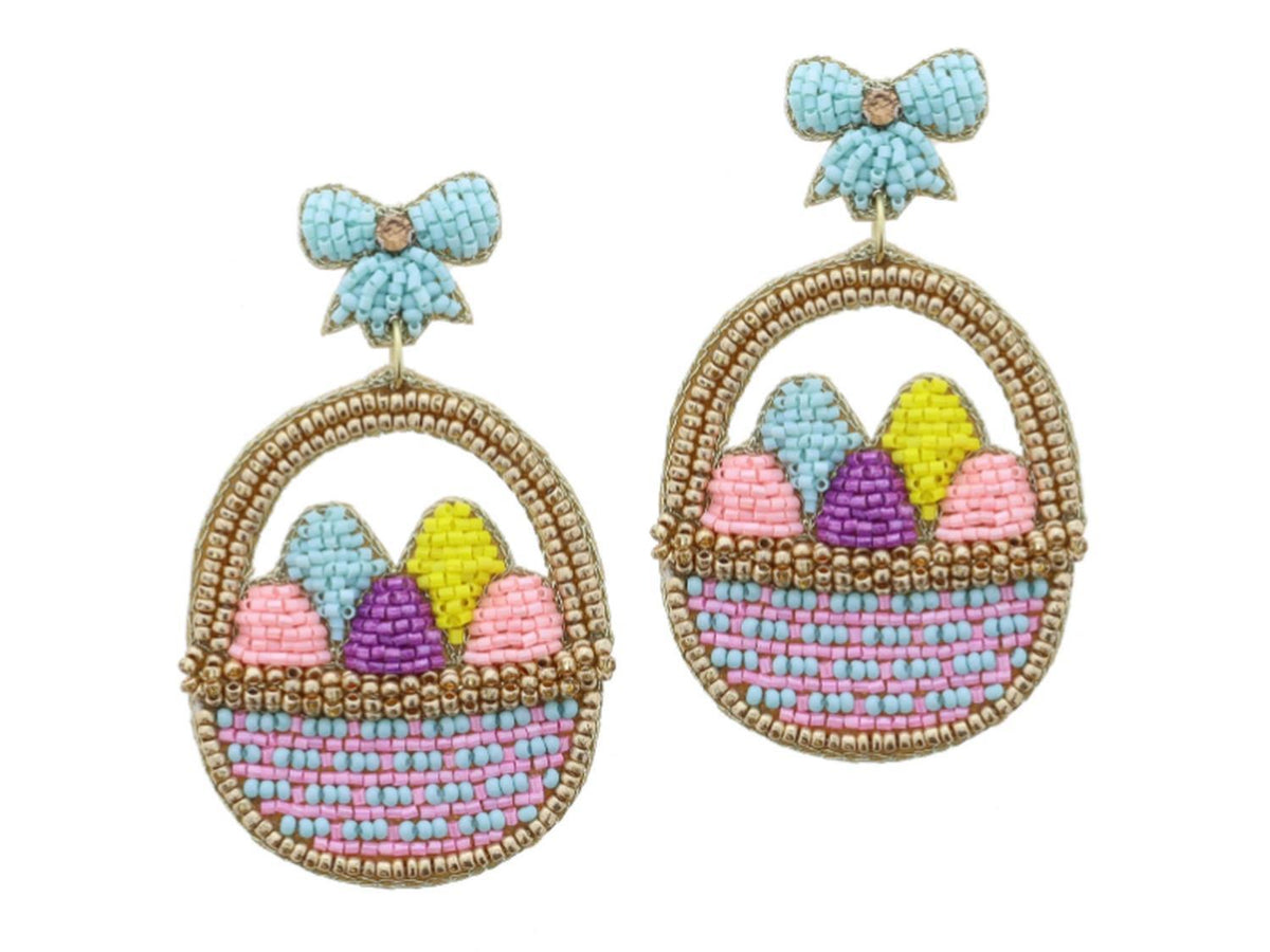 Iridescent White Beaded Bunny Sitting in Multi Flower Sequin Egg Earrings