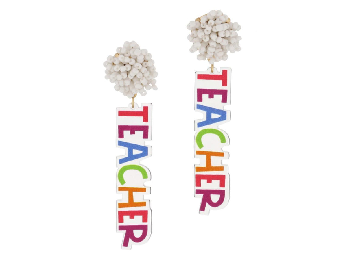 White Beaded Post, Multi "Teacher" Acyrlic Earrings