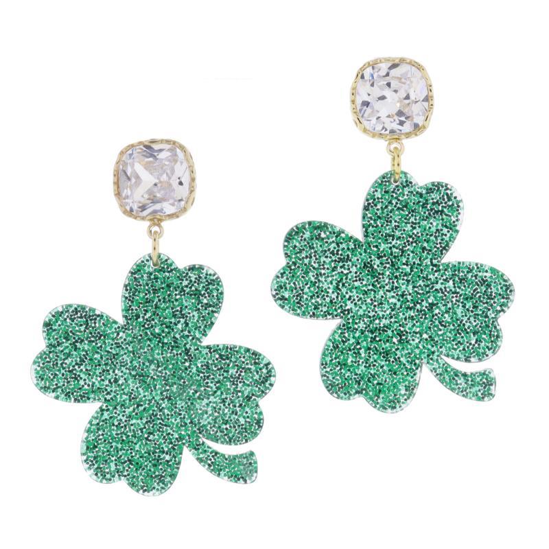 Lucky Clear Crystal Post and Green Glitter Four Leaf Clover Earrings