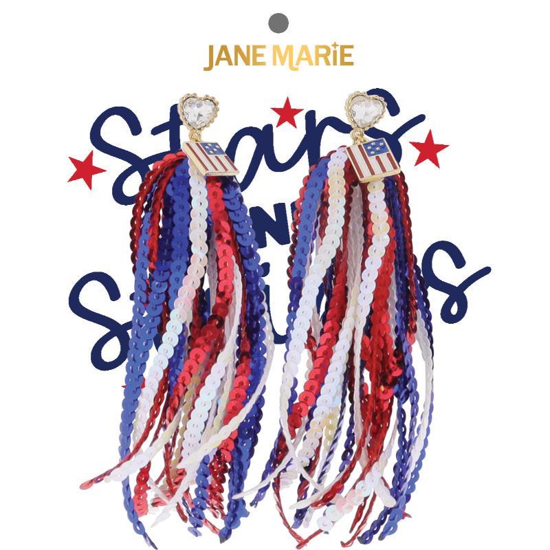 Red, White, Blue American Flag Charm Sequin Earrings