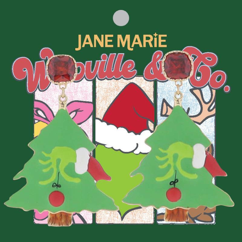 Jane Marie Green, Red, White Enamel Christmas Tree with Grinch Hand Earring