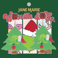 Jane Marie Green, Red, White Enamel Christmas Tree with Grinch Hand Earring