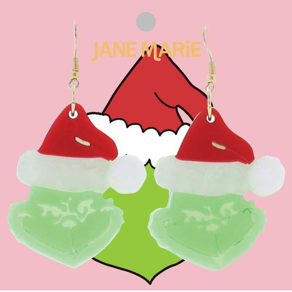Jane Marie Green, Red, White Enamel Christmas Tree with Grinch Hand Earring