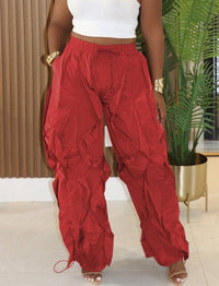 Ruched Drawstring Trousers Wide-Leg Parachute Pants: DGreen / S