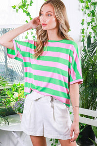 Alexandria Crew Neck Roll-Up Short-Sleeve Pink & Green Stripe Top