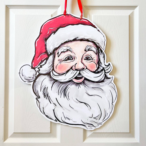 Vintage Jolly Santa Door Hanger -Christmas Holiday Door Sign: Darker Skin or Light Skin