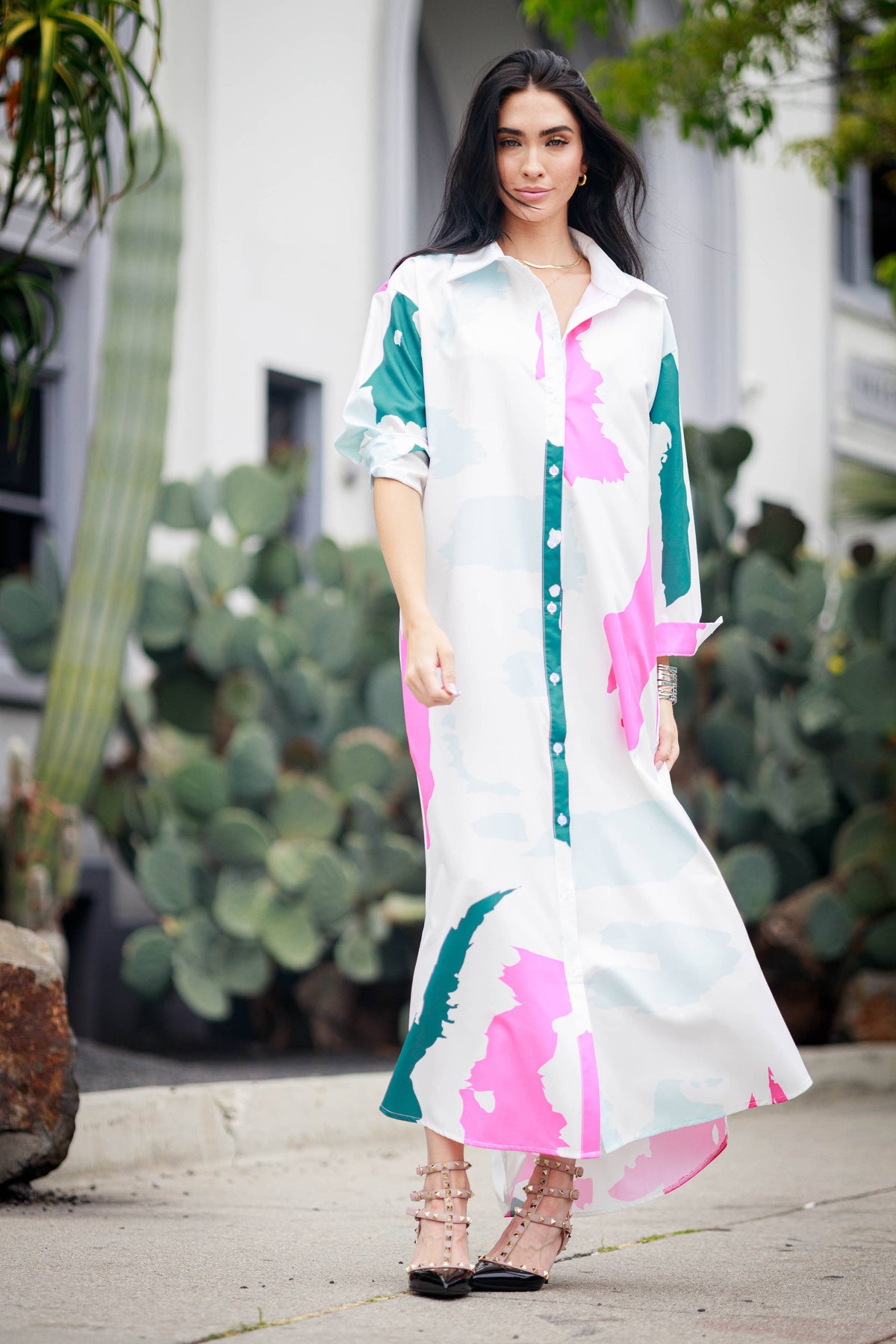 Long Sleeves Maxi Shirt Dress: Maroon / Medium