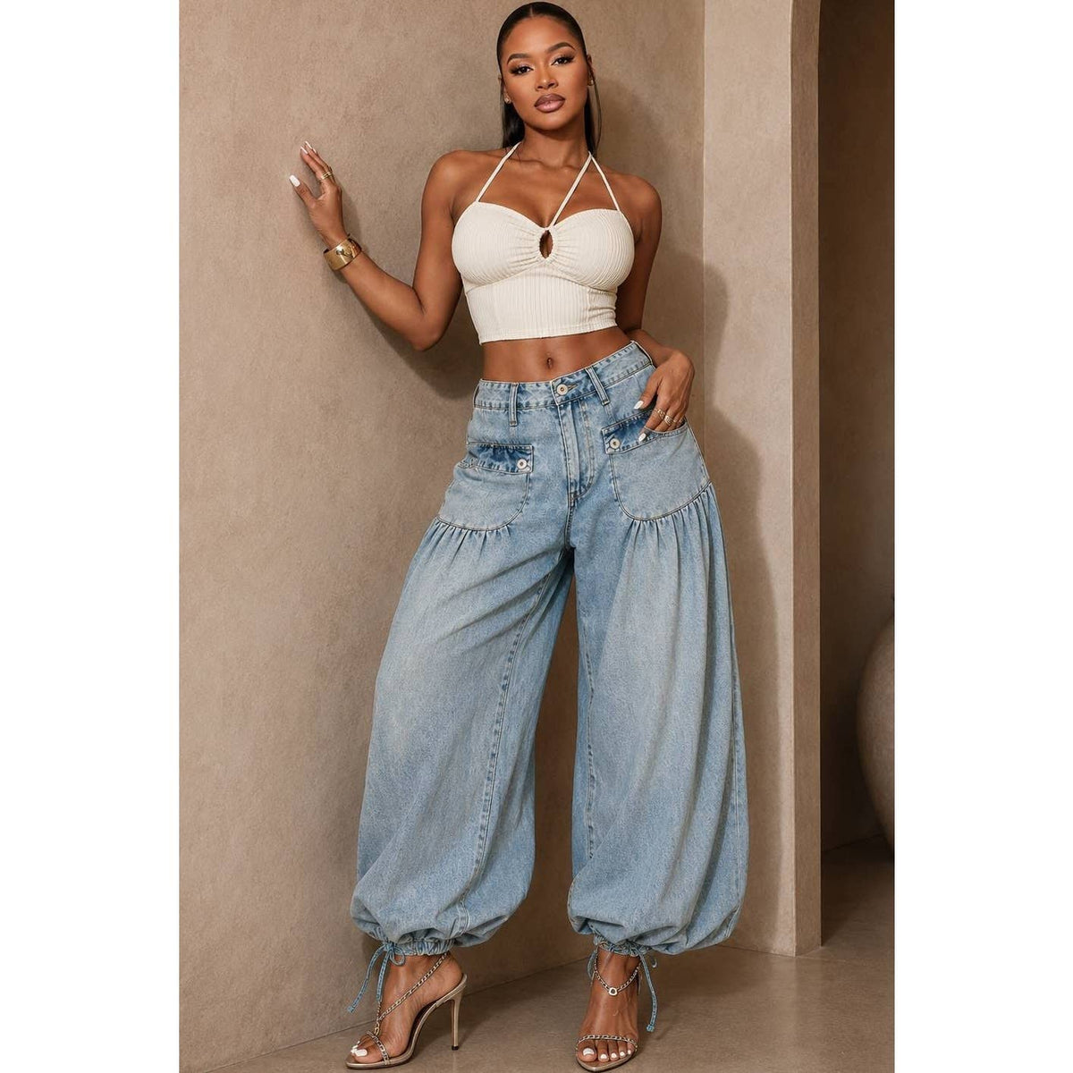 Washed Denim Ankle Drawstring Balloon Jeans: LIGHT BLUE / S-M-L(2-2-2)