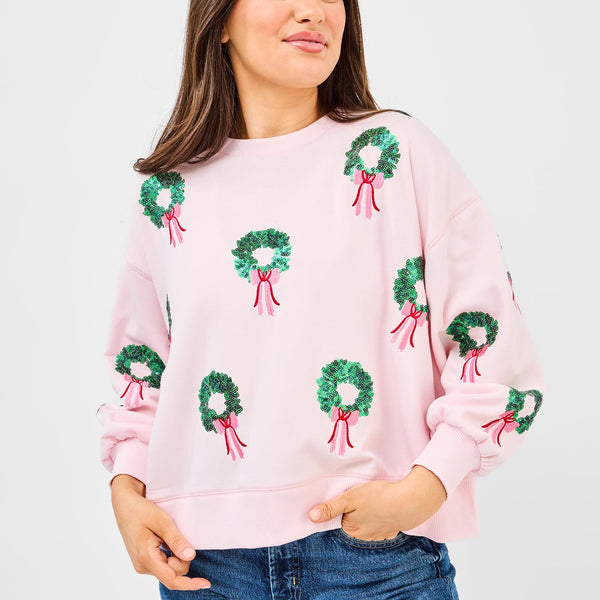 Millie Sweatshirt - Pink & Green Wreaths | Christmas