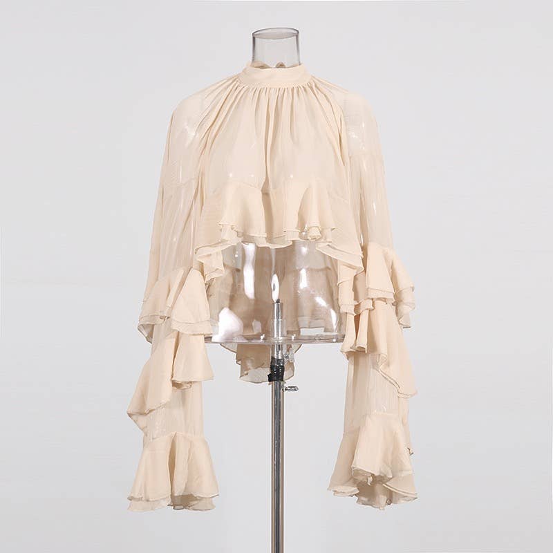 SY636 Layered Ruffle Chiffon Blouse Long Sleeve Chic: Off-White / English / M