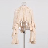 SY636 Layered Ruffle Chiffon Blouse Long Sleeve Chic: Off-White / English / M