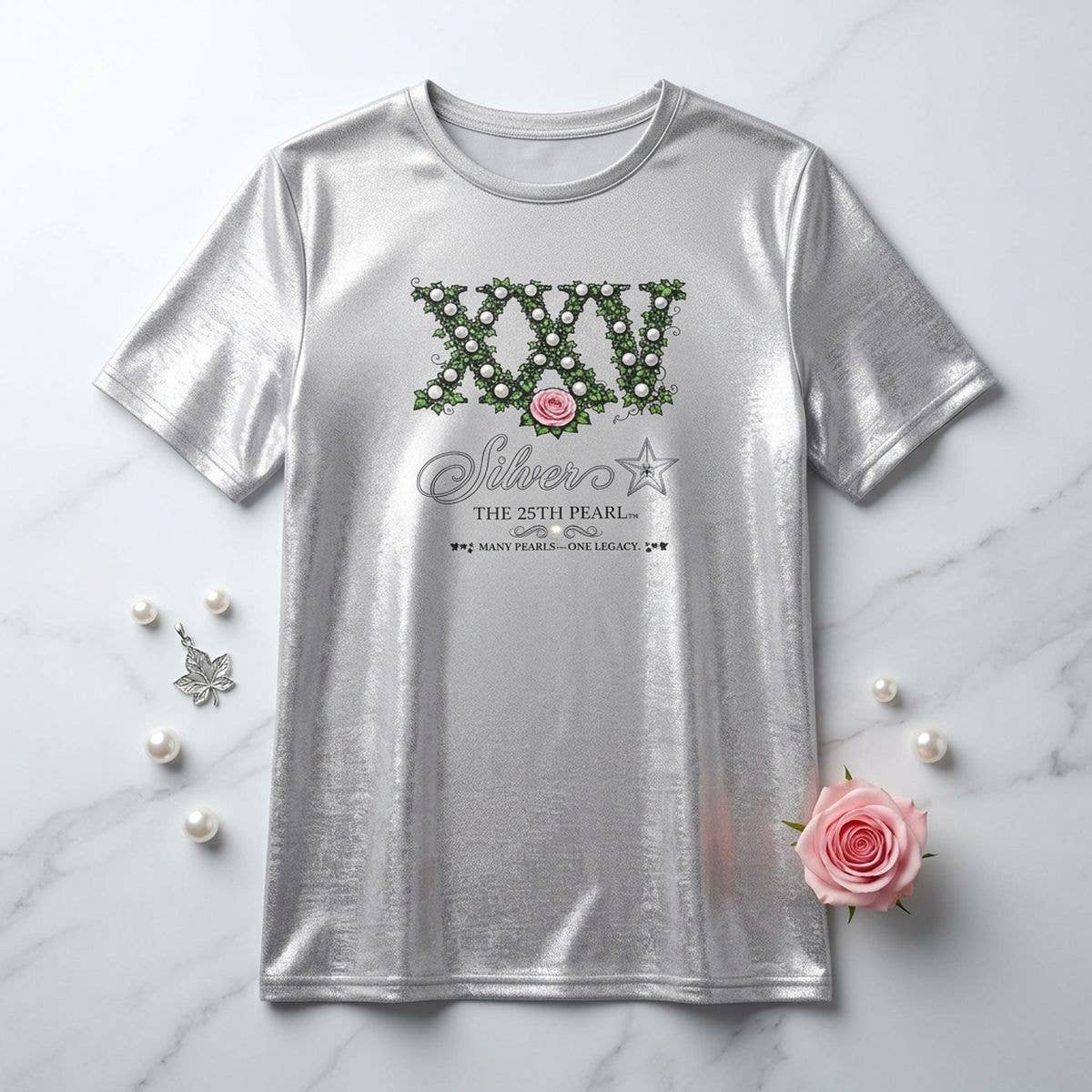 Small AKA Silver Soror 25th Pearl Metallic Tee: Silver / Multi Tone / Small