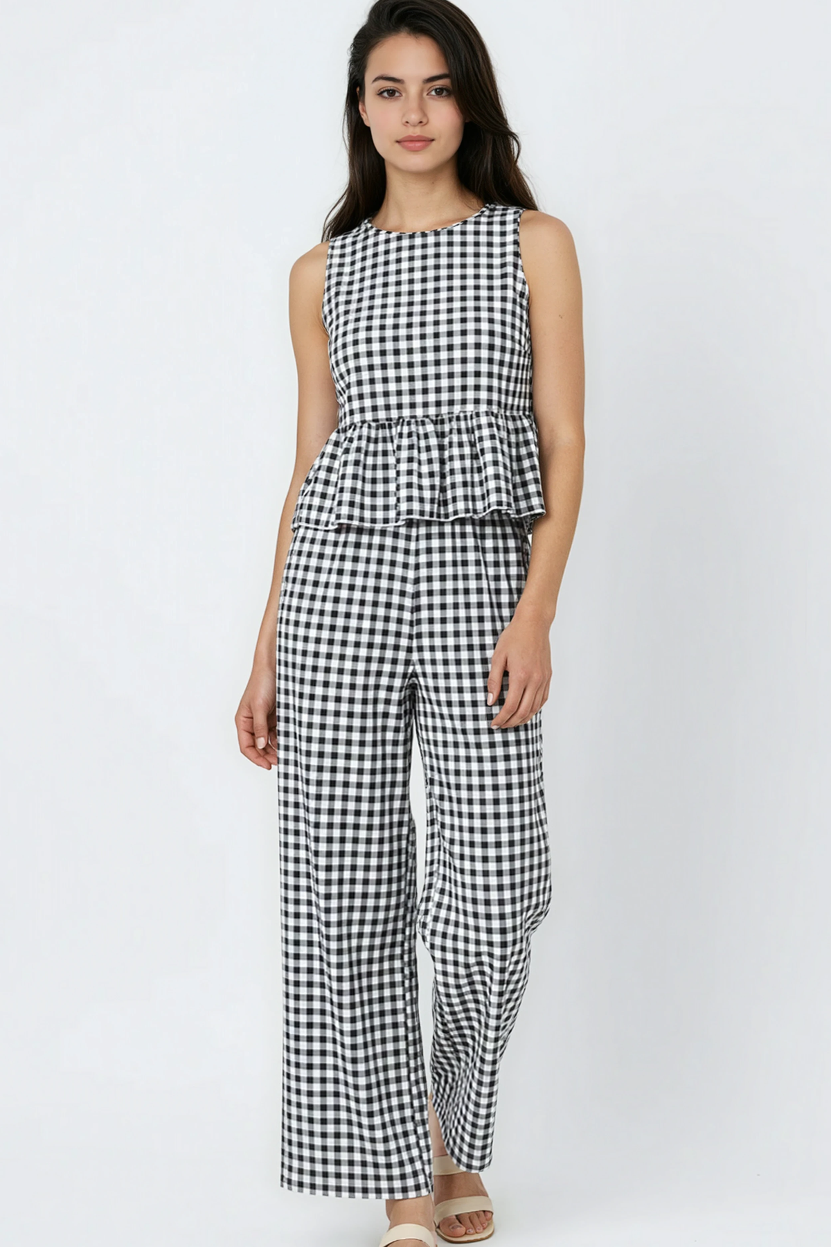 Gingham Pants & Top Set: Black / L