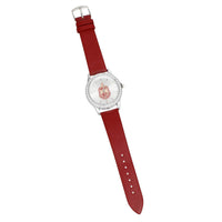 DST Red Leather Silver Sun Cut Dial Watch Women: Color: Red / Plating: Rhodium / Size: Adjustable