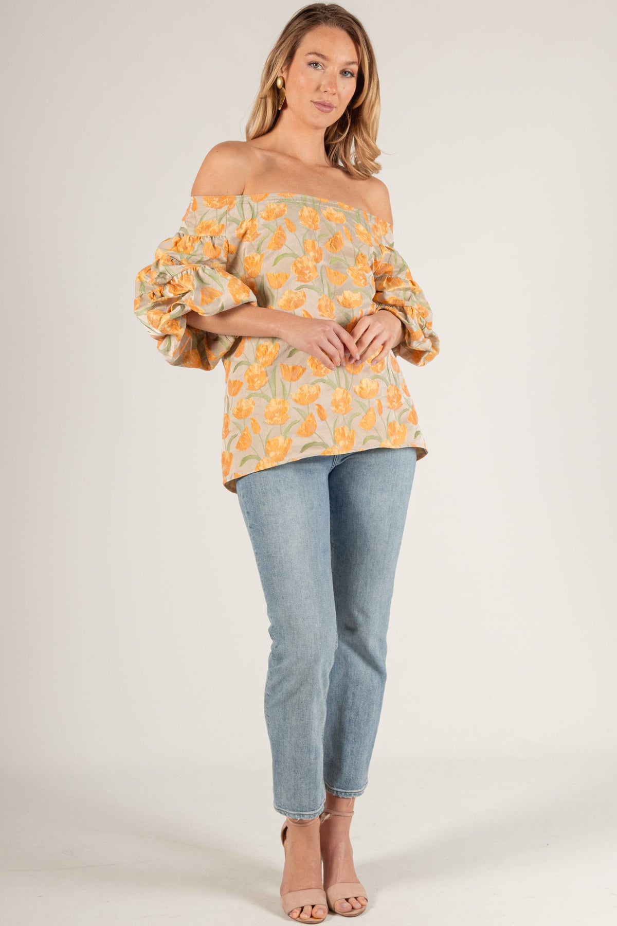 Tulip Jacquard Puff Sleeve Off Shoulder Top: Tangerine Multi