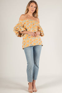 Tulip Jacquard Puff Sleeve Off Shoulder Top: Tangerine Multi