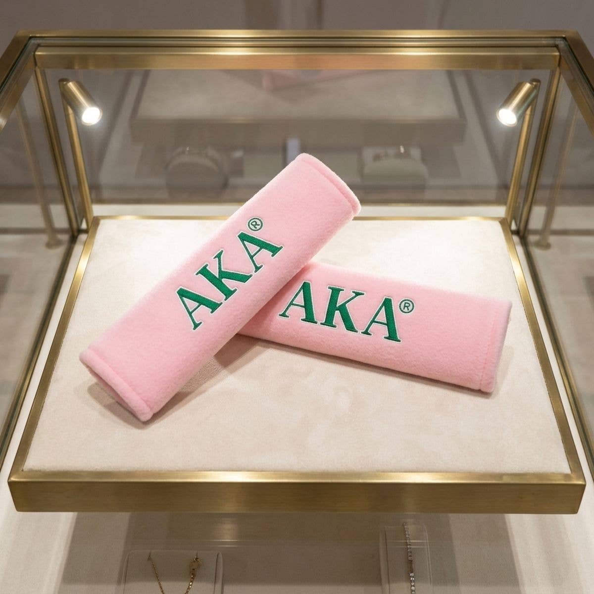 Alpha Kappa Alpha Pink Seat Belt Cover Set: Animal Print / Multi Tone / 9.5 x 2.5 inches