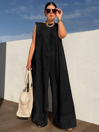 Sleeveless Wide Leg Shoulder Pad Solid Color Jumpsuits: GREEN / S