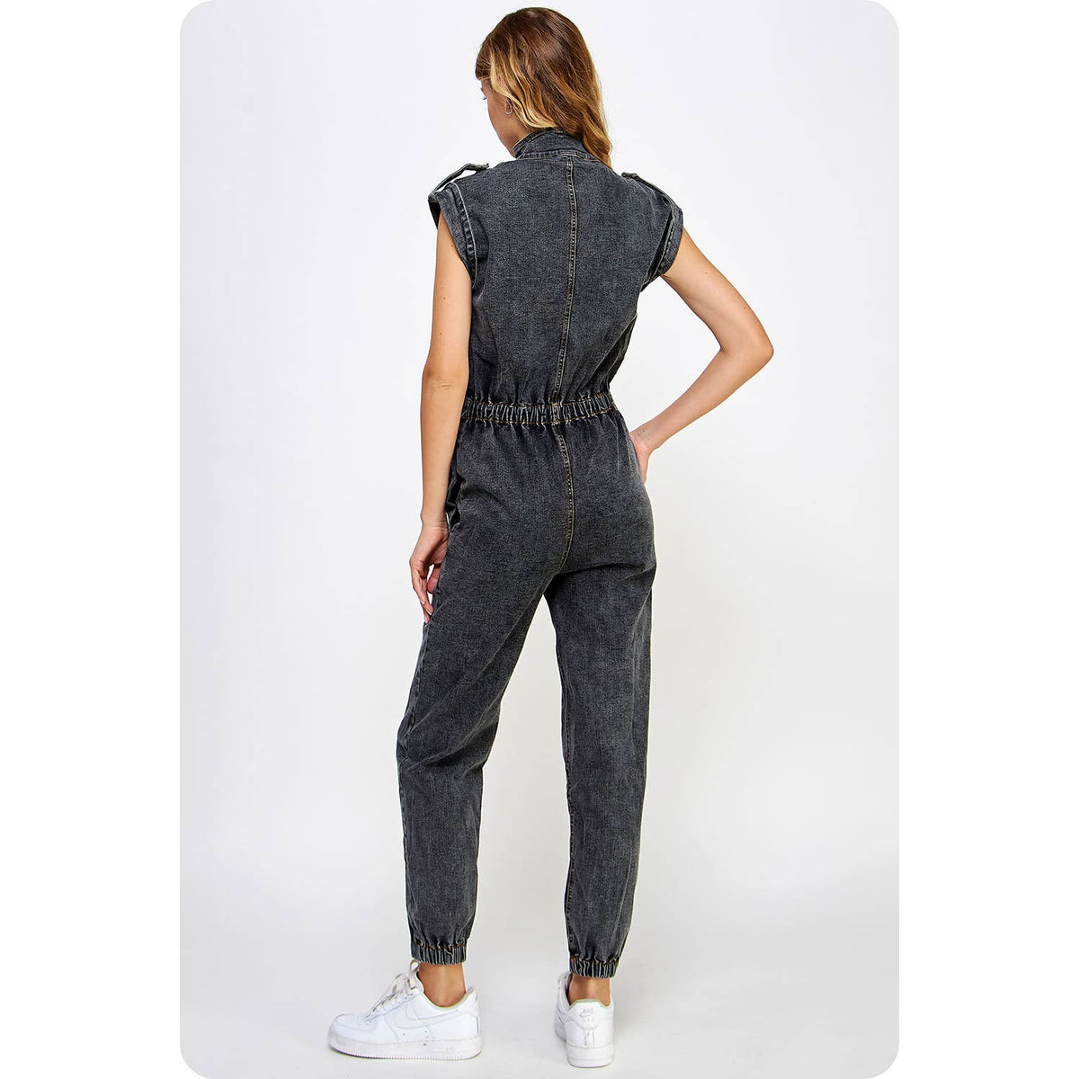 Kyra High Neck Sleeveless Denim Jumpsuit: Denim and Black Denim