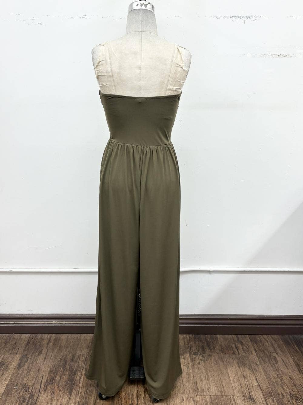 Strapless Twist Front Wide Leg Jumpsuit: Olive / L