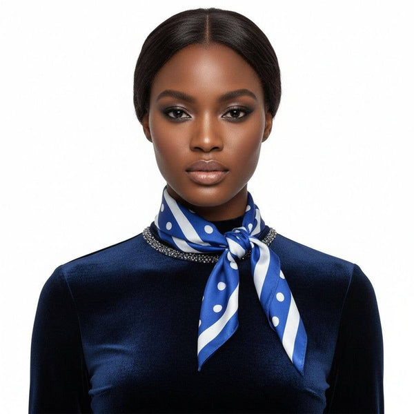 Zeta Phi Beta Sorority Blue and White Polka Dot Square Sorority Scarf: Color: Blue and White / Plating: Multi Tone / Size: 34.5 x 34.5 inches
