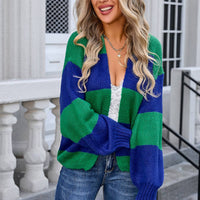 Patchwork color cardigan sweater sweater coat: Pink / (L) 1