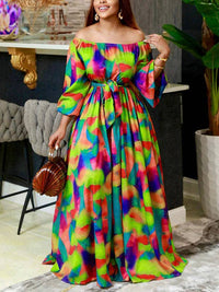 Puff Sleeves Printed Tied Waist Off-The-Shoulder Maxi Dresses: GREEN / M