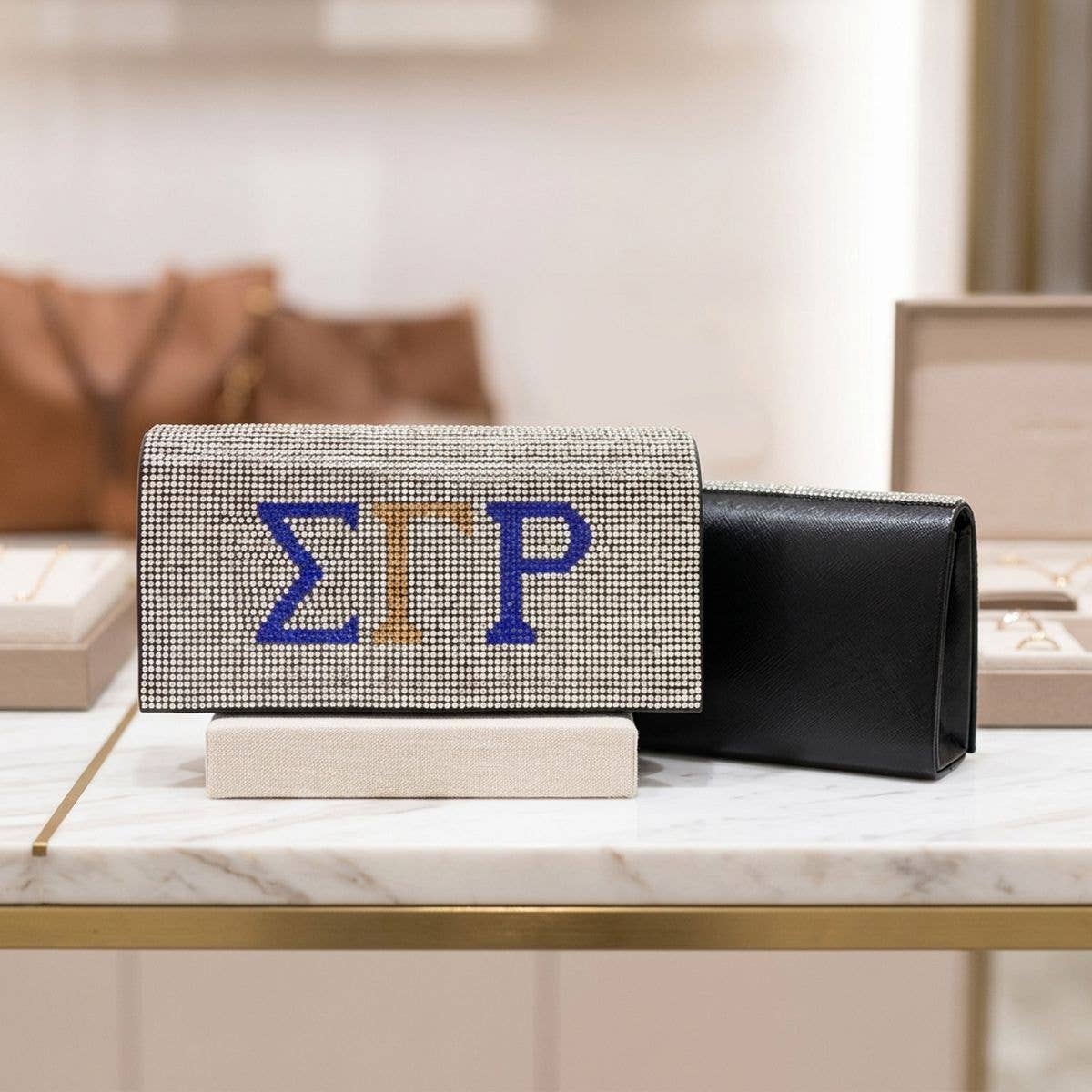 SGRHO Blue Gold Rhinestone Flap Snap Clutch Bag