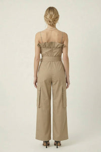 Off Shoulder Trench Style Cargo Jumpsuit: L