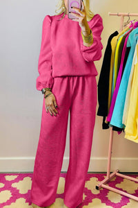 Puff Sleeve Top and Pants Set: Rose Red  or Black