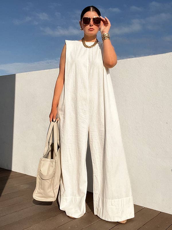Sleeveless Wide Leg Shoulder Pad Solid Color Jumpsuits: GREEN / M