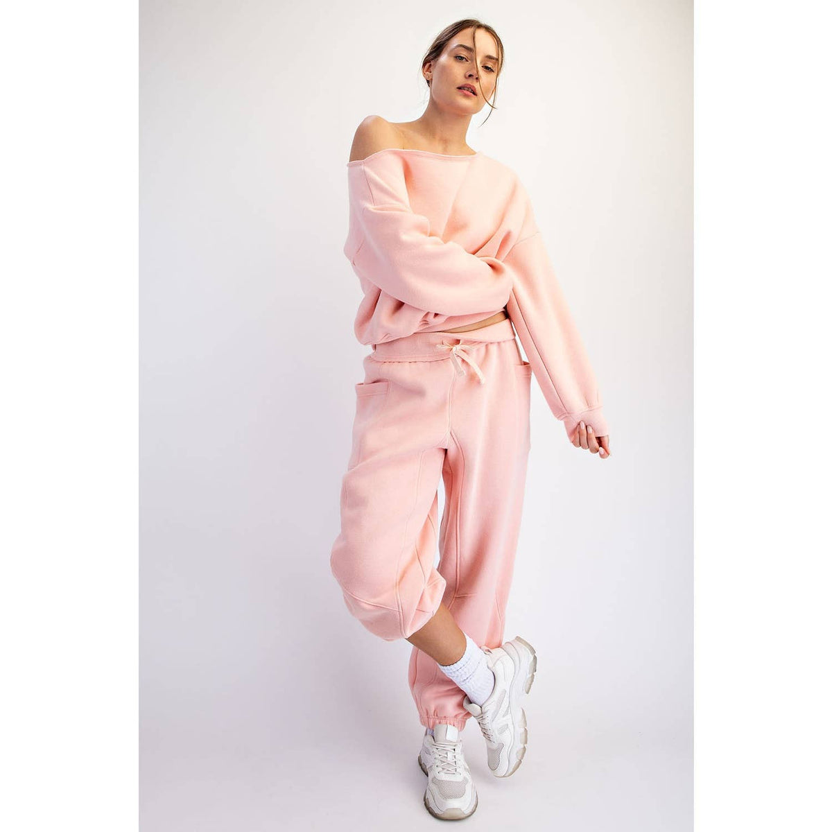 FLEECED TERRY FLOW JOGGER PANTS: Peach Pink / S-M-L(2-2-2)