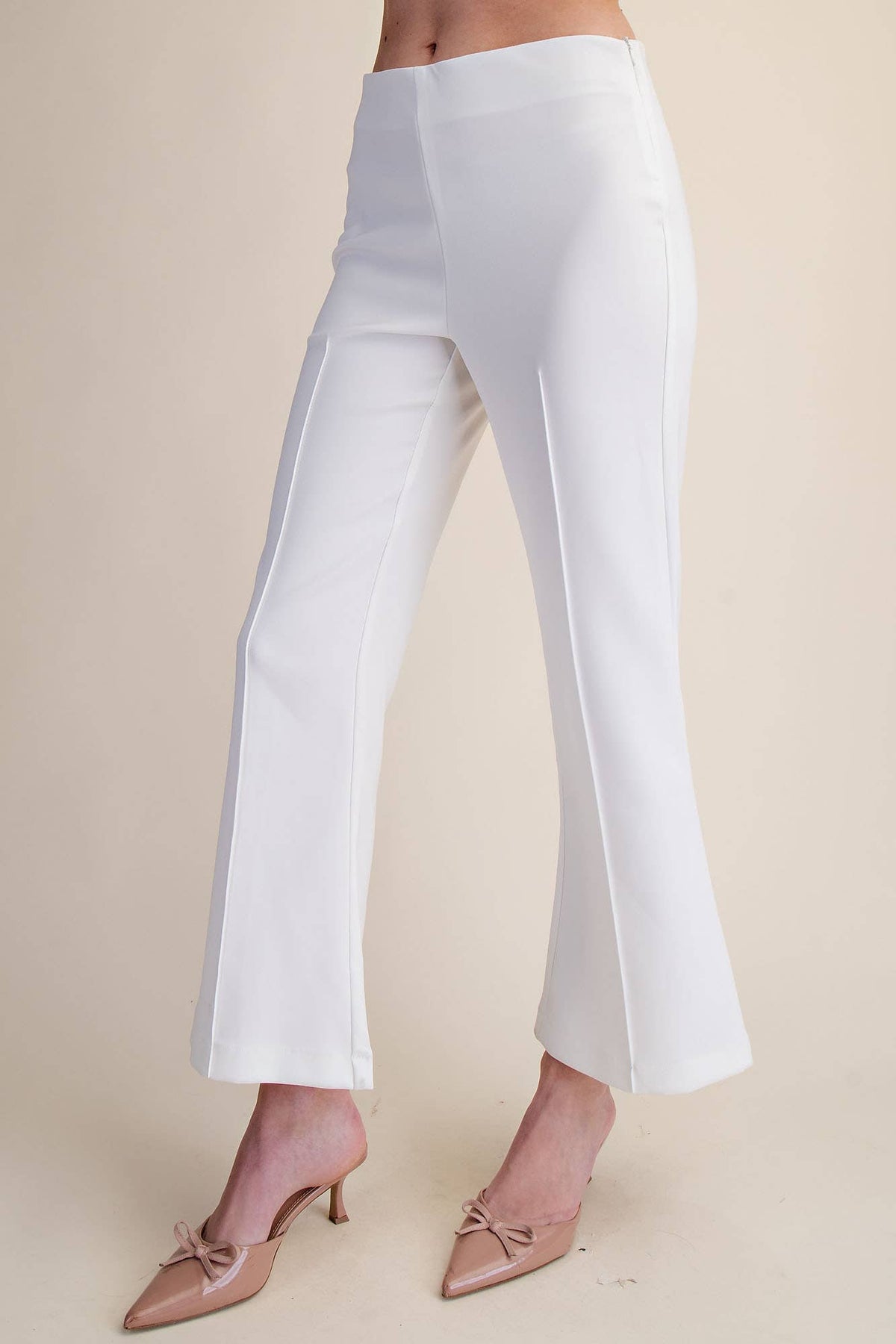 High Waist Stitch Pleats Flare Crop Stretchy Pants: Pink / M