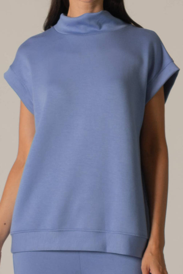 P. CILL Butter Modal Mock Neck Capped Sleeve Top: Cornflower Blue