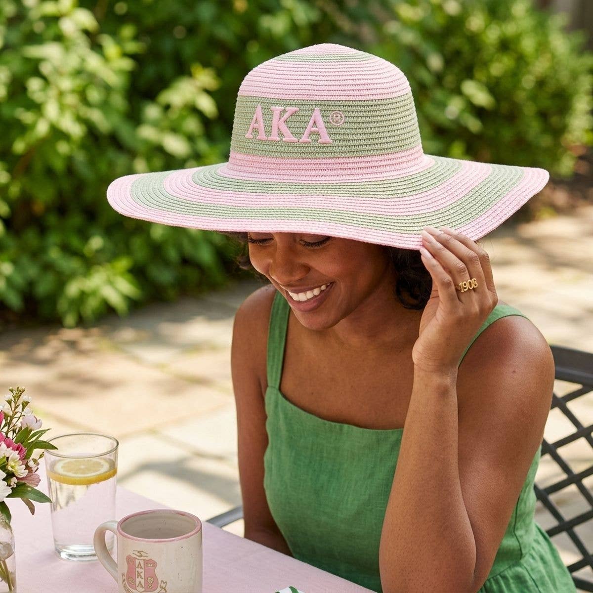 AKA Pink Raffia Embroidered Floppy Beach Sun Hat