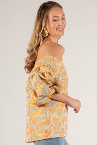 Tulip Jacquard Puff Sleeve Off Shoulder Top: Tangerine Multi