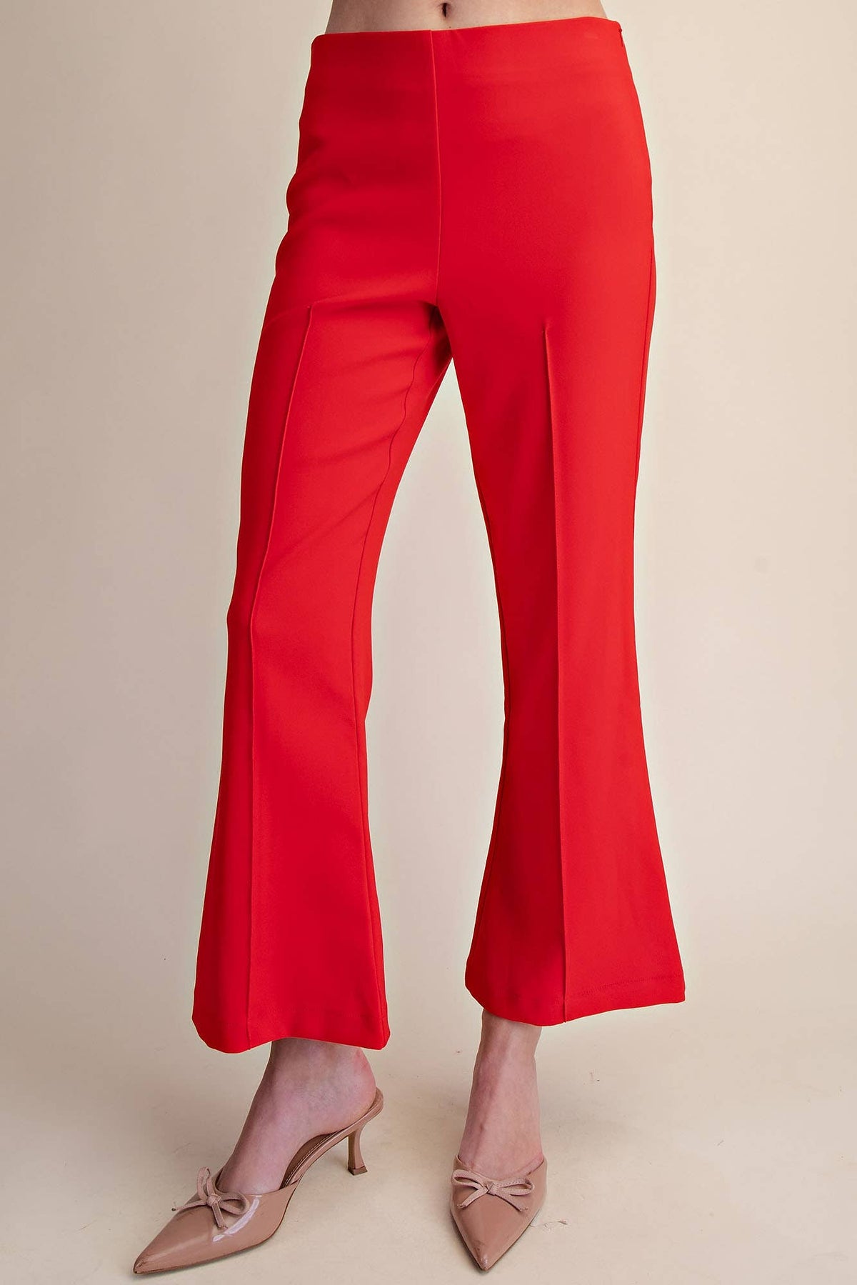 High Waist Stitch Pleats Flare Crop Stretchy Pants: White / L