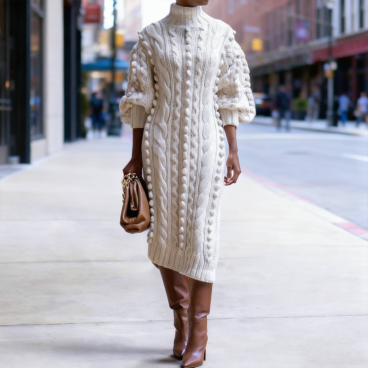 Casual high-neck slit knitted long dress: BEIGE / (L) 1