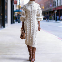 Casual high-neck slit knitted long dress: BEIGE / (L) 1