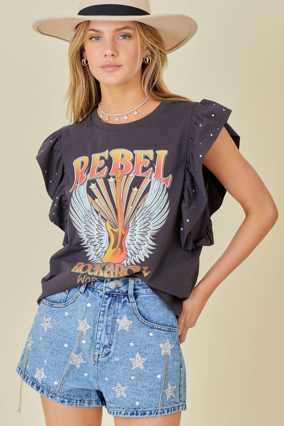 Rock n Roll Print Rhinestone Ruffle Top: CHARCOAL