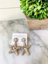 Gold Starfish Crystal Beaded Statement Earrings