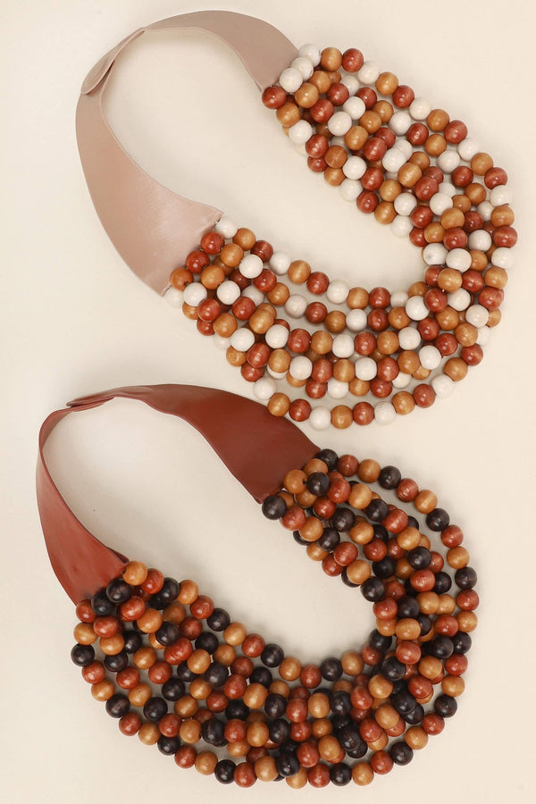 LAYER GLOSSY WOOD BEADED NECKLACE WITH FAUX LEATHER MAGNETIC: Bmlt