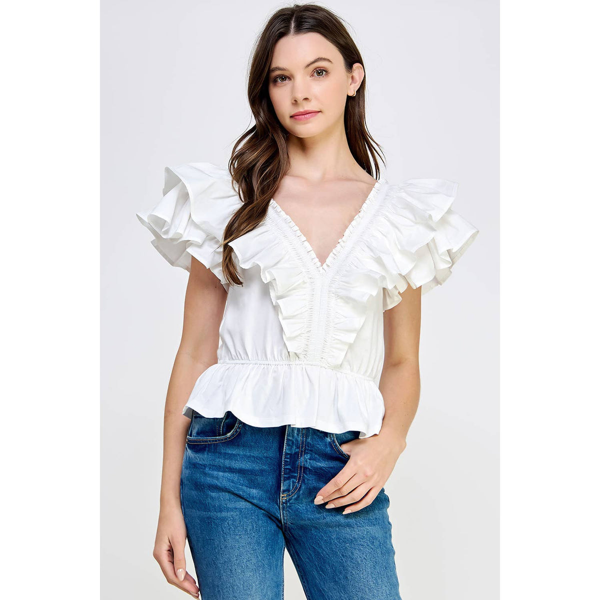 Riley Ruffled Poplin Detail Knit Top: Lilac or Off White