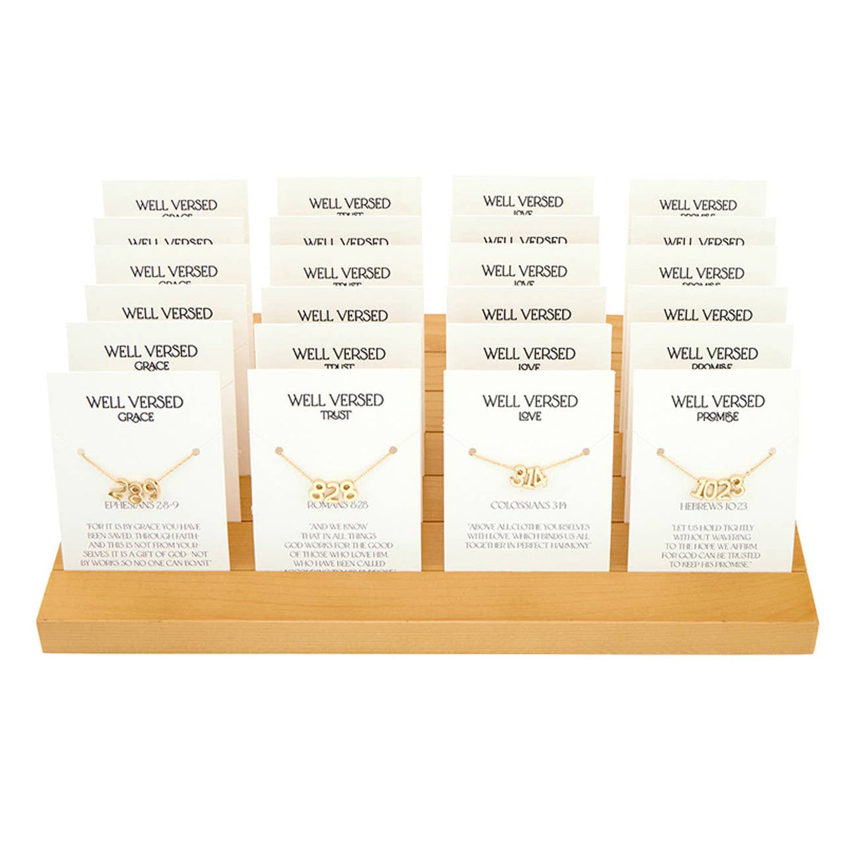 Verse Necklace Filled Display - Spring 25: Gold Plated/Pine Display / 11.5" W x 7.25" H x 1" D