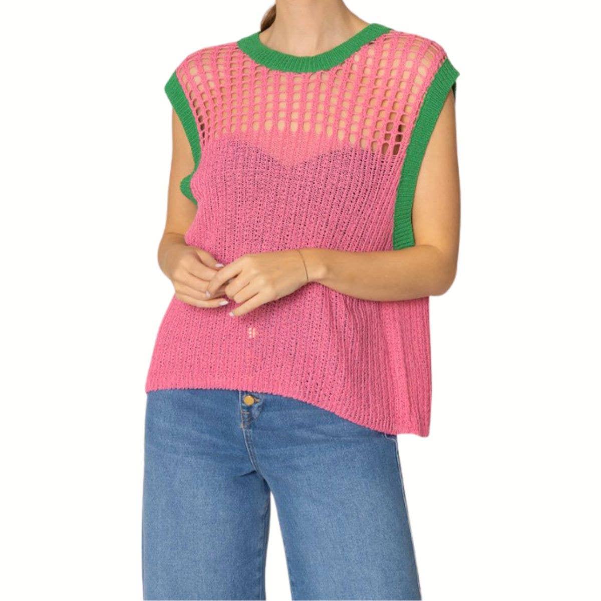 Vest Top Pink and Green Crochet for Women: Pink and Green