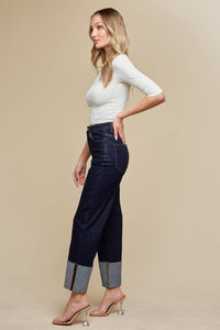 STRAIGHT LEG BOYFRIEND FIT CUFFED JEANS- DARK DENIM