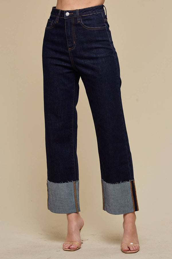 STRAIGHT LEG BOYFRIEND FIT CUFFED JEANS- DARK DENIM