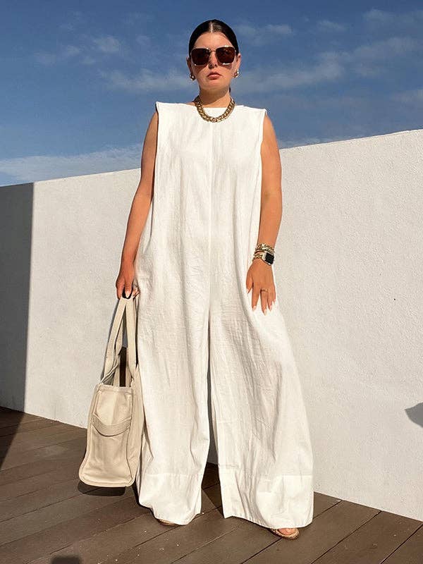 Sleeveless Wide Leg Shoulder Pad Solid Color Jumpsuits: GREEN / S