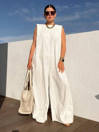 Sleeveless Wide Leg Shoulder Pad Solid Color Jumpsuits: GREEN / XL