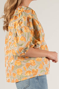 Tulip Jacquard Puff Sleeve Off Shoulder Top: Tangerine Multi